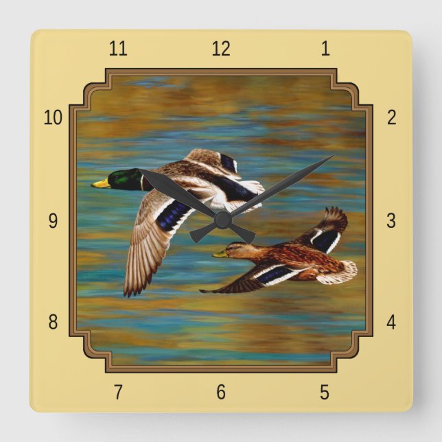 Horloge Carrée Canards sauvages volants Jaune (Recto)