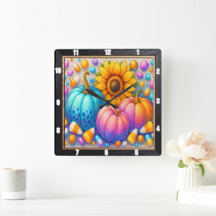 Horloge Carrée Candy Autumn Citrouille tournesol