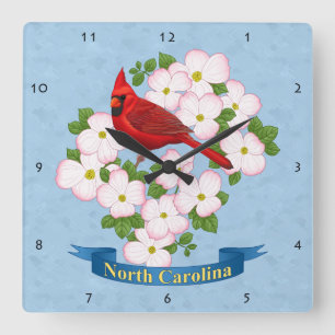 Horloge Carrée Cardinal d'État de Caroline du Nord Oiseau Dogwood