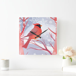 Horloge Carrée Cardinal Rouge   Belle Peinture à l'Aquarelle