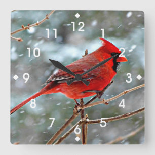 Horloge Carrée Cardinal rouge en neige hivernale