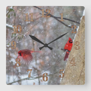 Horloge Carrée Cardinaux dans la neige