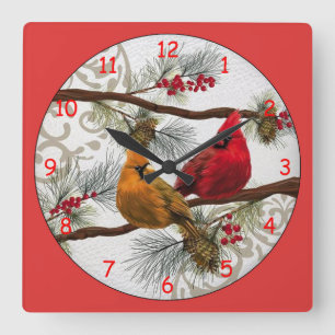 Horloge Carrée Cardinaux jaunes et rouges