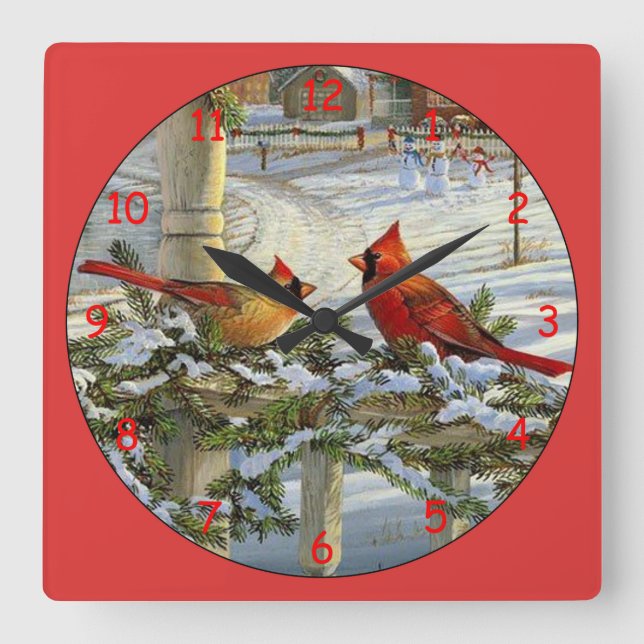 Horloge Carrée Cardinaux jaunes et rouges (Recto)