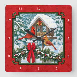 Horloge Carrée Cardinaux Noël Birdfeeder Rouge