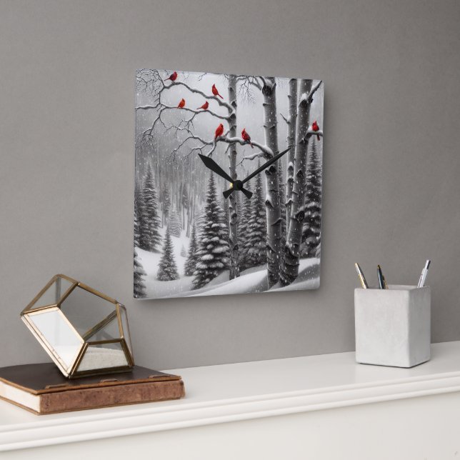 Horloge Carrée Cardinaux Rouges En Forêt D'Hiver (Bureau)