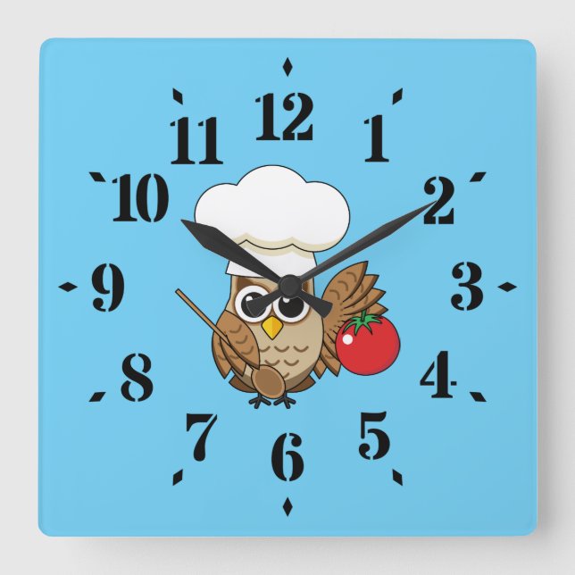 Horloge Carrée Caricature de Chouette à Cuisine mignonne (Recto)