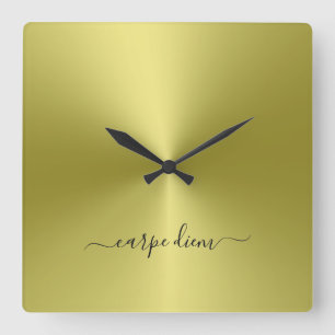 Horloge Carrée Carpe Diem Jaune Style Métallurgique Acrylique