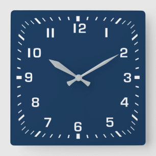 Horloge Carrée Carré blanc numéro face sur fond bleu marine