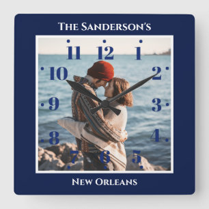 Horloge Carrée Carré bleu marine personnalisé Top Textes du bas