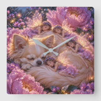 Horloge Carrée Carré Chihuahua endormi et fées
