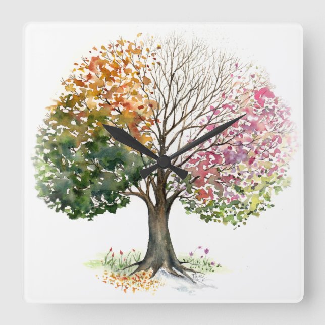 HORLOGE CARRÉE CARRÉ D'HORLOGE AVEC ARBRE DES 4 SAISONS ACRYLÉE (Recto)