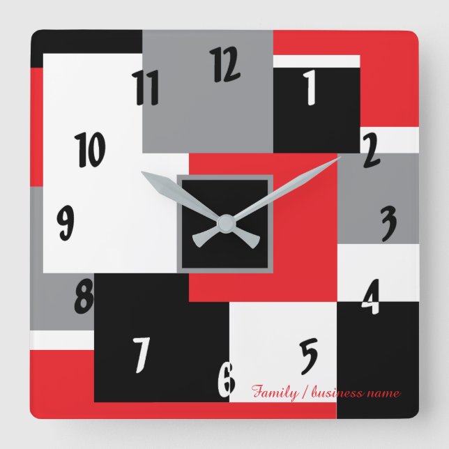 Horloge Carrée Carré géométrique moderne Formes rouge noir blanc (Recto)