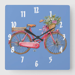 Horloge Carrée Carré Panier et Vélo Rose