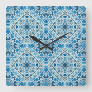 Horloge Carrée Carreaux à fleurs bleus