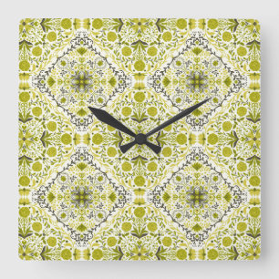 Horloge Carrée Carreaux de fleurs en vert