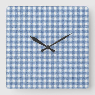 Horloge Carrée Carreaux Gingham Bleu et Blanc Classiques 