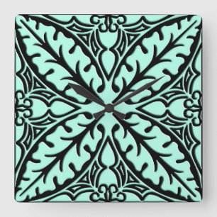 Horloge Carrée Carreaux marocains - bleu aqua et noir