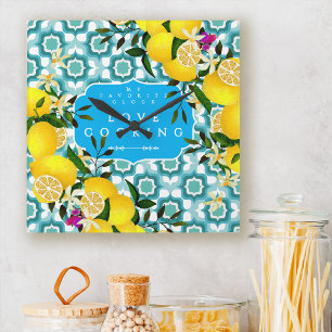 Horloge Carrée Carreaux Méditerranéens Bleus Citron