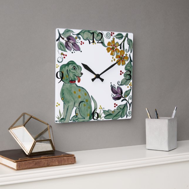 Horloge Carrée Carreaux rustiques Turquoise Chien Chien Chien Chi (Bureau)