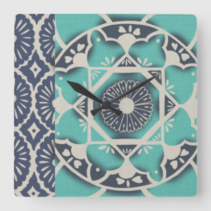 Horloge Carrée Carrelage bleu Batik II