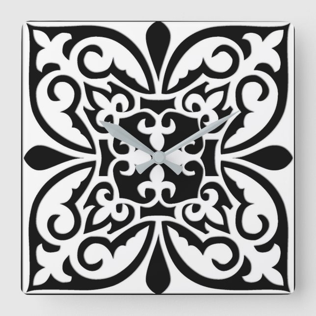 Horloge Carrée Carrelage marocain - blanc avec arrière - plan noi (Recto)