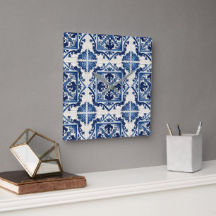 Horloge Carrée Carrelage méditerranéen, Portugais, Azulejo, Majol