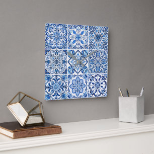 Horloge Carrée Carrelage méditerranéen, Portugais, Azulejo, Majol