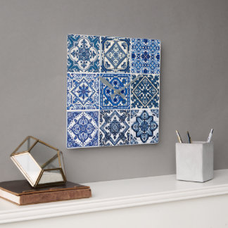 Horloge Carrée Carrelage méditerranéen, Portugais, Azulejo, Majol