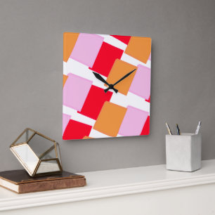 Horloge Carrée Carrés Fantaisistes Rouge Orange Rose