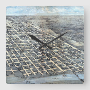 Horloge Carrée Carte aérienne antique d'Austin, Texas de 1873