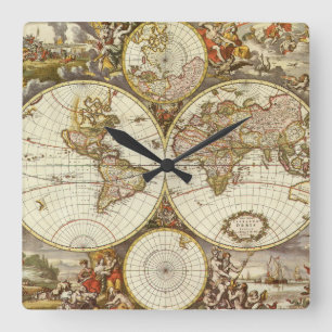 Horloge Carrée Carte ancienne du monde par Frederick de Wit, vers