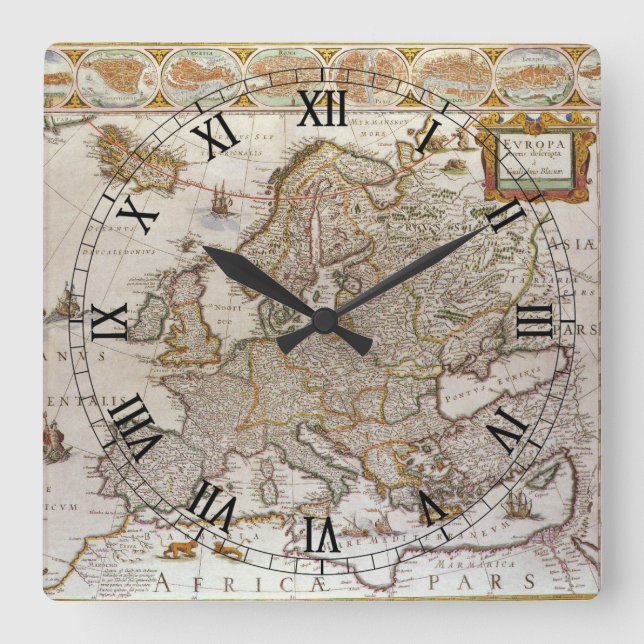 Horloge Carrée Carte antique de l'Europe par Willem Jansz Blaeu,  (Recto)