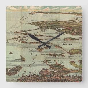 Horloge Carrée Carte de Birdseye-vue de port de Boston