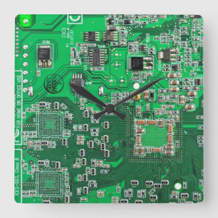 Horloge Carrée Carte de circuit Geek d'ordinateur vert