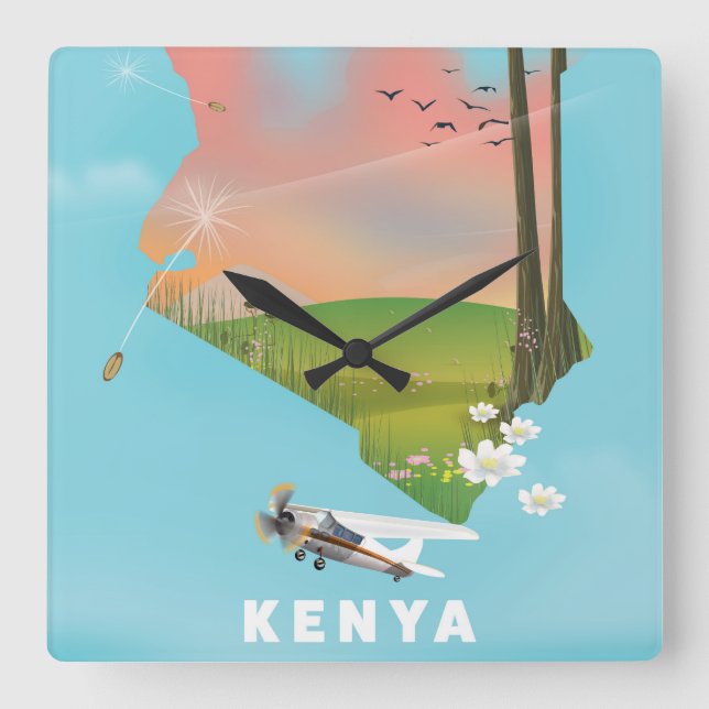 Horloge Carrée Carte du Kenya Illustration affiche de voyage. (Recto)