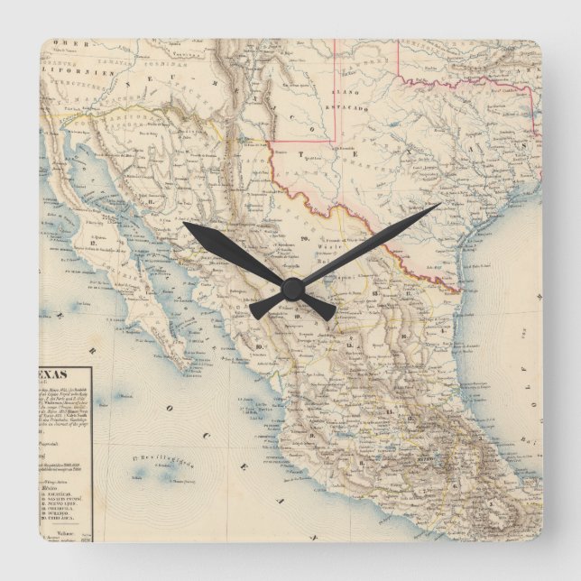 Horloge Carrée Carte du Mexique et du Texas (Recto)