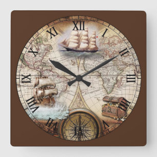 Horloge Carrée Carte du monde avec navire et compas