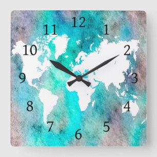 Horloge Carrée Carte du monde Design 62 aqua turquoise