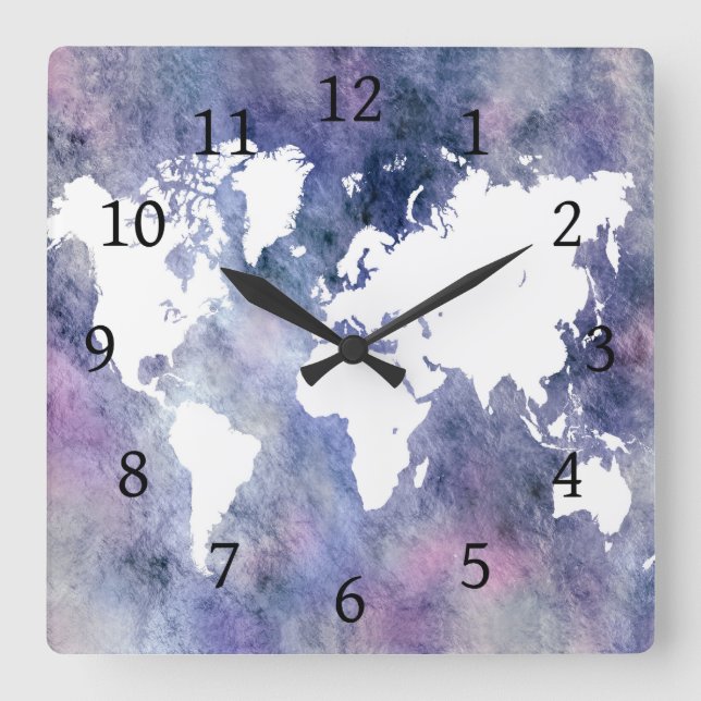 Horloge Carrée Carte du monde rose bleu Design 65 (Recto)