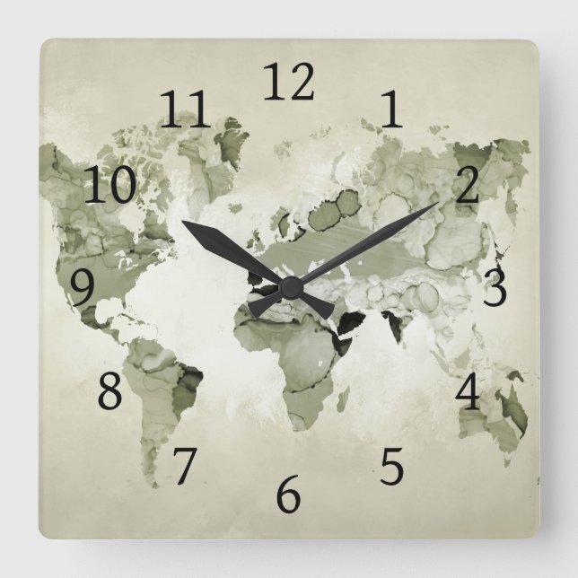 Horloge Carrée Carte du monde vert clair 123 (Recto)