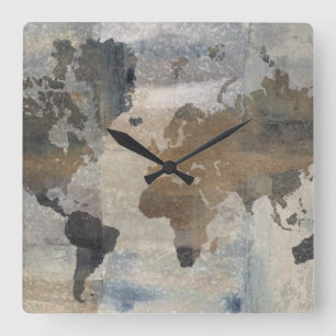 Horloge Carrée Carte en pierre grise du monde