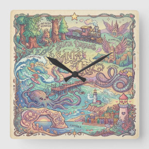 Horloge Carrée Carte illustrée de Santa Cruz Californie, paysage 