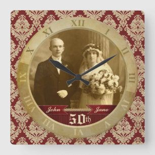Horloge Carrée Carte photo personnalisable Rouge Damas chiffres r