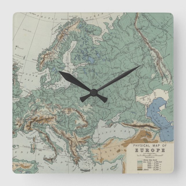 Horloge Carrée Carte physique de l'Europe (Recto)