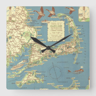 Horloge Carrée Carte vintage de Cape Cod (1940)