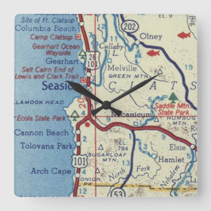 Horloge Carrée Carte Vintage du bord de mer de l'Oregon