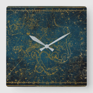 Horloge Carrée Carte vintage illustrée en bleu foncé et en étoile