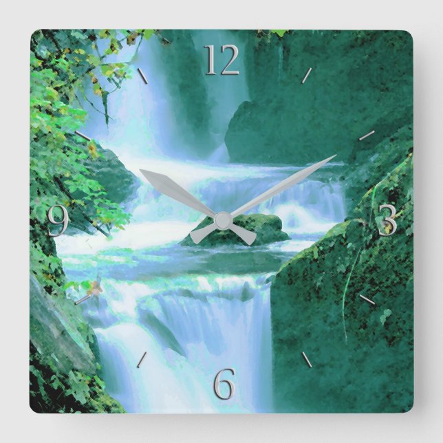 Horloge Carrée Cascade serène en bleu et vert (Recto)