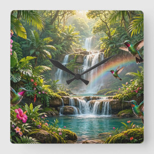 Horloge Carrée Cascades Arc-en-ciel Colibris Cachette Tropicale